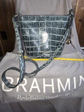 Brahmin Teal Croc-Embossed Leather Bucket Bag